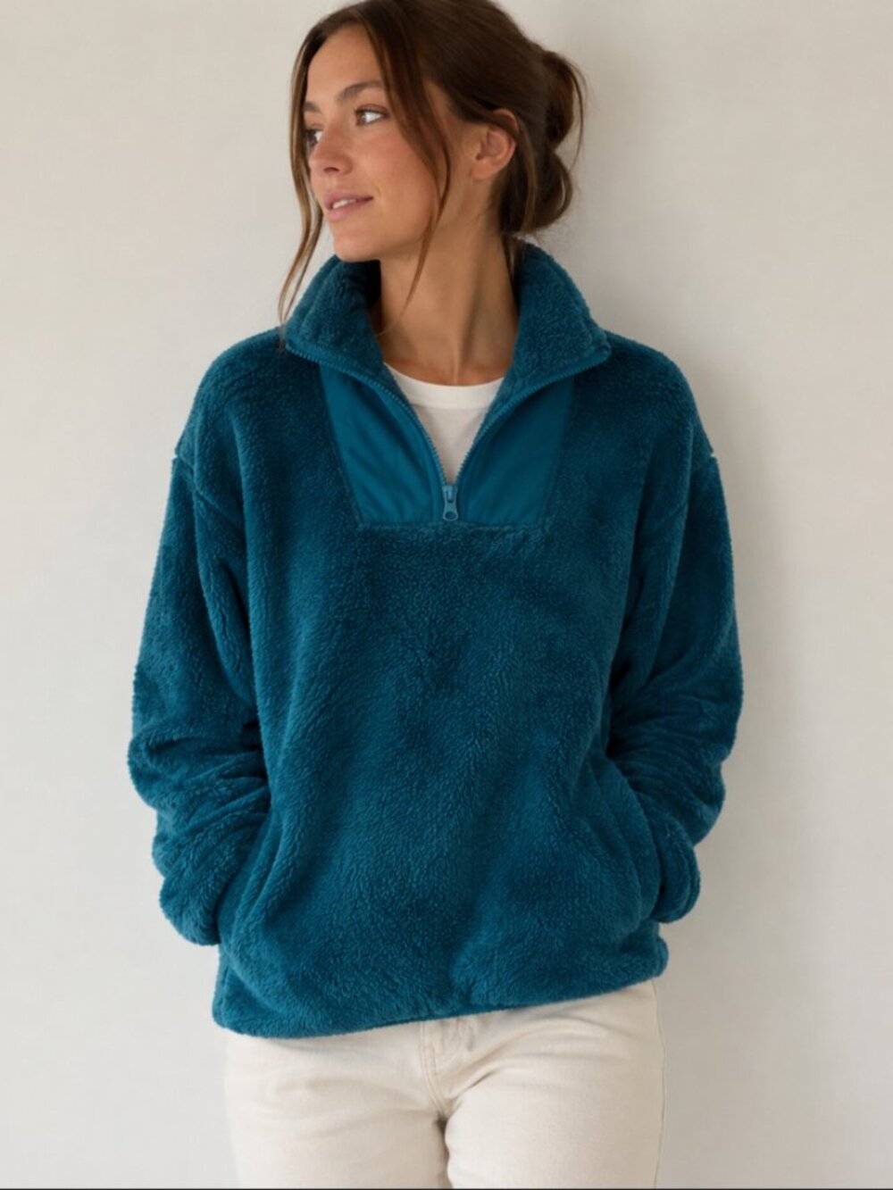 Land’s End Cozy Half-Zip Sherpa Fleece Pullover in Evening Teal Size Medium NWOT